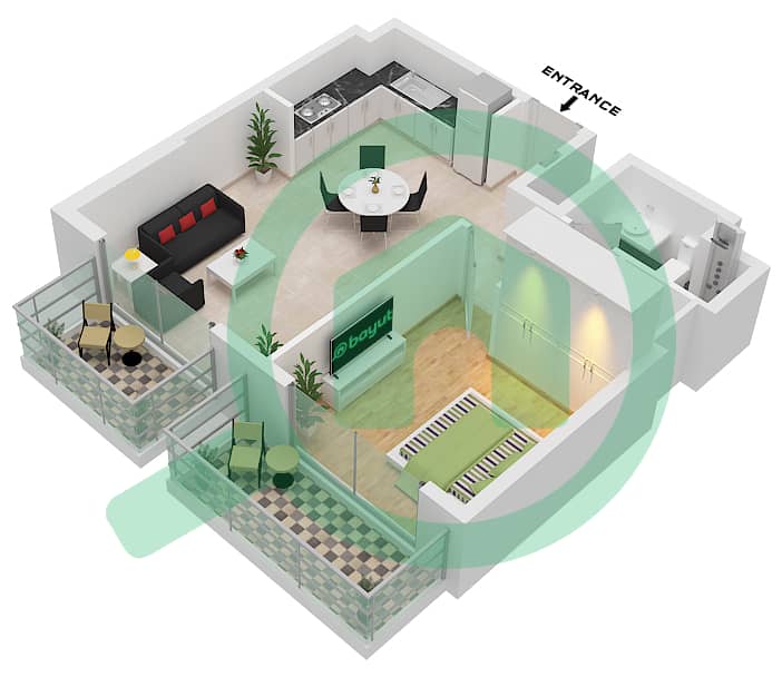 المخططات الطابقية لتصميم النموذج / الوحدة 1E / 18 شقة 1 غرفة نوم - مساكن تنفيذية 2 Floor 12 interactive3D