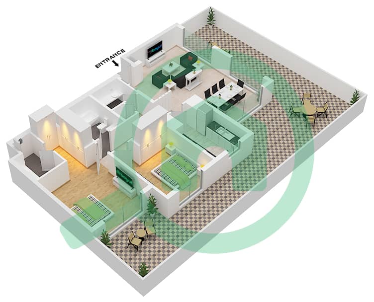 المخططات الطابقية لتصميم النموذج / الوحدة 2B / 3-4 شقة 2 غرفة نوم - مساكن تنفيذية 2 Ground Floor interactive3D
