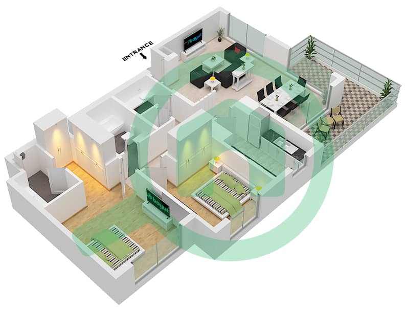 المخططات الطابقية لتصميم النموذج / الوحدة 2D / 3-4 شقة 2 غرفة نوم - مساكن تنفيذية 2 Floor 1-8 interactive3D