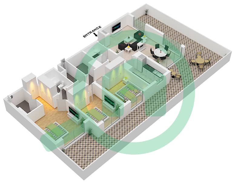 المخططات الطابقية لتصميم النموذج / الوحدة 3A / 22-23 شقة 3 غرف نوم - مساكن تنفيذية 2 Ground Floor interactive3D