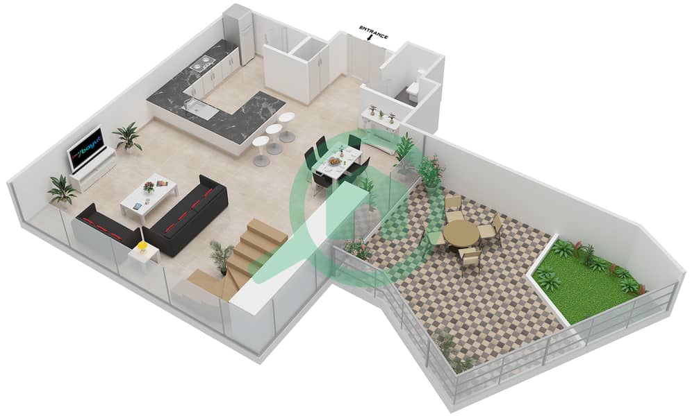 المخططات الطابقية لتصميم النموذج A - 6 شقة 2 غرفة نوم - برج سنترال بارك السكني Lower Floor interactive3D