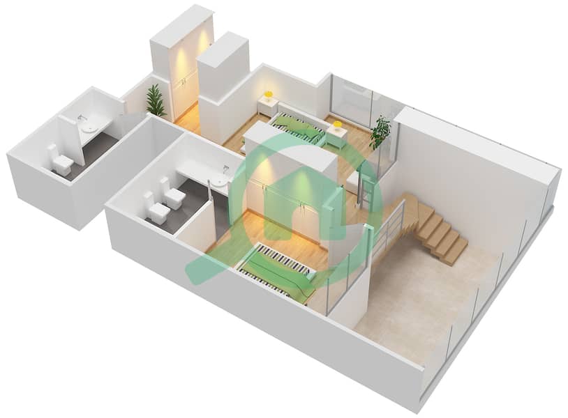 المخططات الطابقية لتصميم النموذج A - 6 شقة 2 غرفة نوم - برج سنترال بارك السكني Upper Floor interactive3D