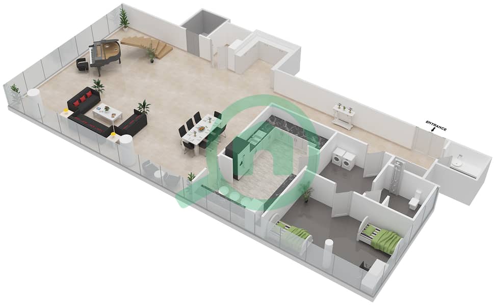 中央公园住宅楼 - 3 卧室顶楼公寓类型PHA戶型图 Lower Floor interactive3D