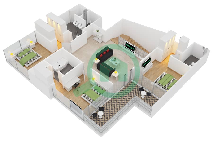 المخططات الطابقية لتصميم النموذج THB تاون هاوس 3 غرف نوم - ذا 8 Upper Floor image3D