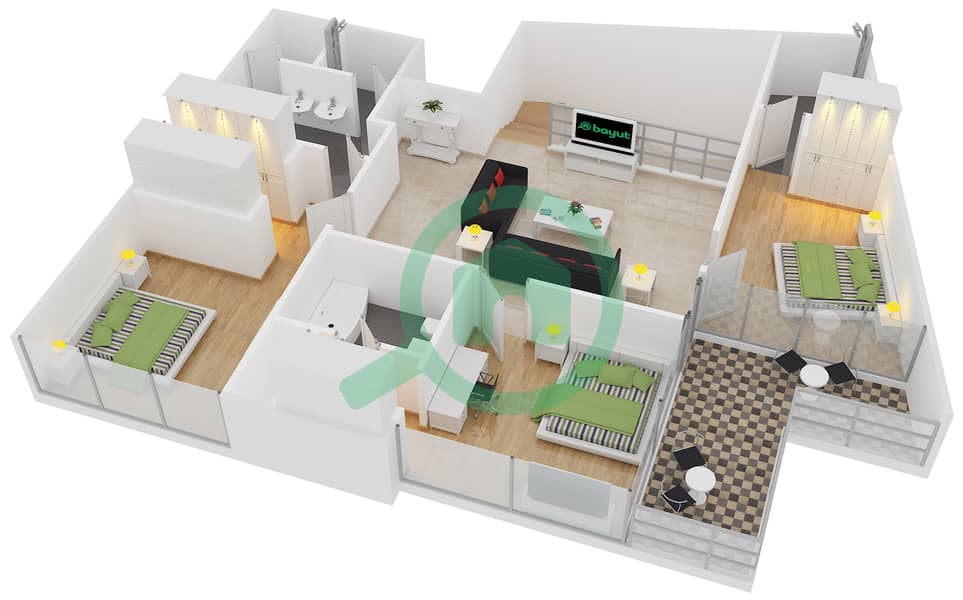 Th8 - 3 Bedroom Townhouse Type THC Floor plan Upper Floor image3D