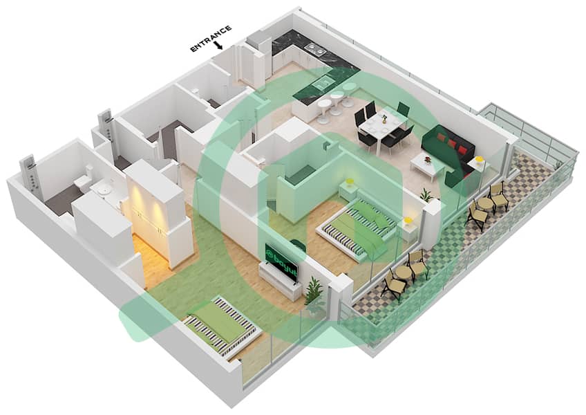 Канал Фронт Резиденсес - Апартамент 2 Cпальни планировка Единица измерения 404 Fourth Floor interactive3D