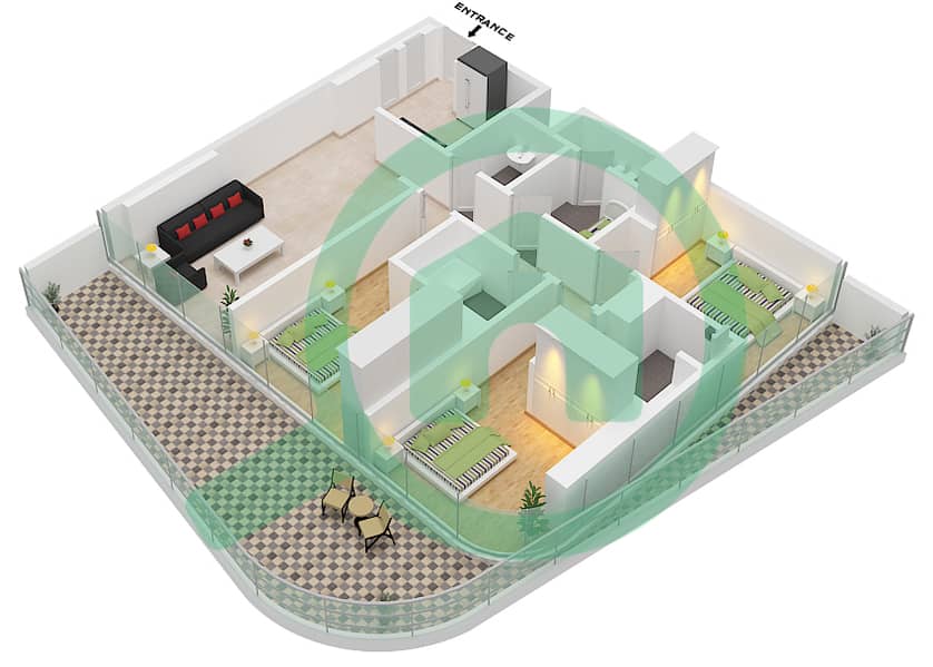 المخططات الطابقية لتصميم النموذج 01 / FLOOR 1-15 شقة 2 غرفة نوم - DG1 ليفينج Floor 1-15 interactive3D