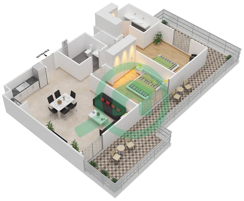 المخططات الطابقية لتصميم الوحدة 2.0 B BLOCK-A شقة 2 غرفة نوم - بارك بوينت Floor 1
Units-102 interactive3D