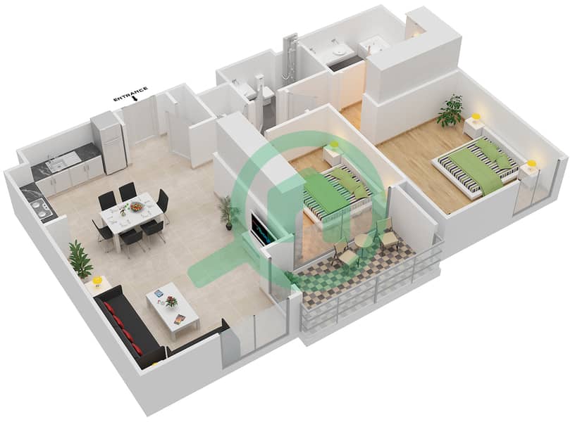 المخططات الطابقية لتصميم النموذج 2.4 BLOCK B شقة 2 غرفة نوم - بارك بوينت Floor 2-6
Units-203,303,403,503,603 interactive3D