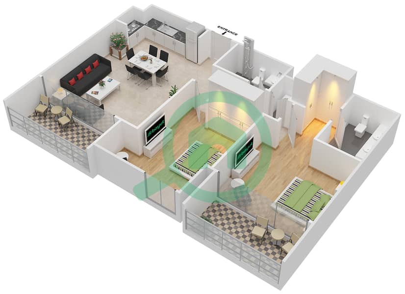 المخططات الطابقية لتصميم النموذج 2.6 BLOCK-D شقة 2 غرفة نوم - بارك بوينت Floor 7,8
Units-702,802 interactive3D
