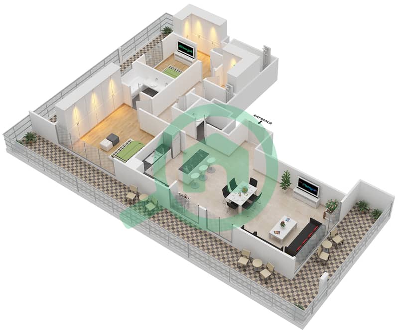 Парк Пойнт - Апартамент 2 Cпальни планировка Тип A.1 BLOCK-D Floor 9
Units-901 interactive3D