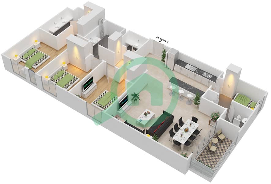 Park Point - 3 Bedroom Apartment Unit 3.0 BLOCK-D Floor plan Floor 2-6
Units-204,304,404,504,604 interactive3D