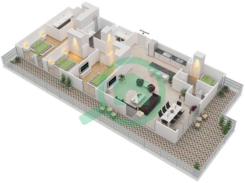 Парк Пойнт - Апартамент 3 Cпальни планировка Единица измерения 3.0.A BLOCK-D Floor 1
Units-103 interactive3D