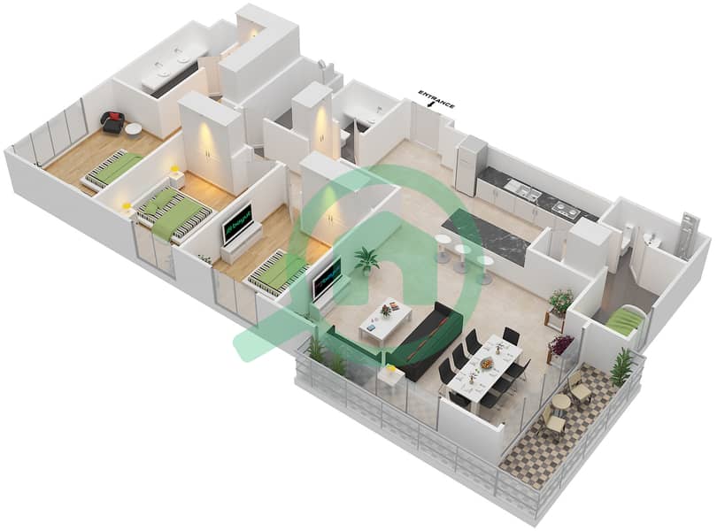 المخططات الطابقية لتصميم الوحدة 3.0.C BLOCK-B شقة 3 غرف نوم - بارك بوينت Floor 2-6
Units-204,211,304,311,404,411,504,511,604,611 interactive3D
