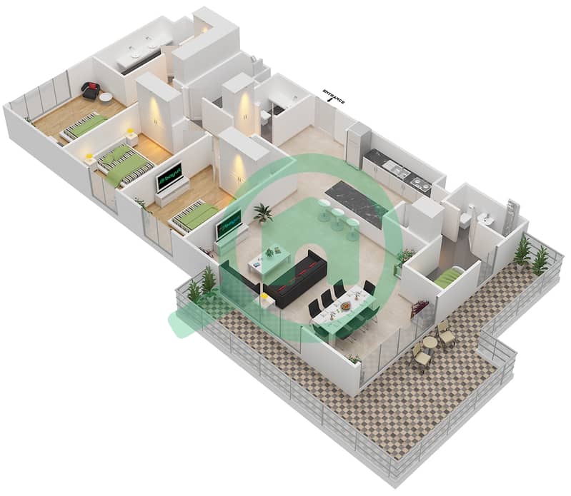 Парк Пойнт - Апартамент 3 Cпальни планировка Единица измерения 3.0.D BLOCK-B Floor 1
Units-104 interactive3D