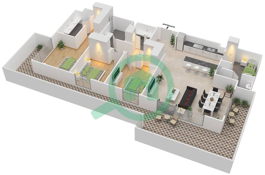 المخططات الطابقية لتصميم الوحدة 3.0.F BLOCK-B شقة 3 غرف نوم - بارك بوينت Floor 1
Units-111 interactive3D