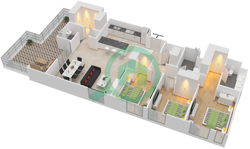 المخططات الطابقية لتصميم الوحدة 3.1.A BLOCK-D شقة 3 غرف نوم - بارك بوينت Floor 1
Units-108 interactive3D
