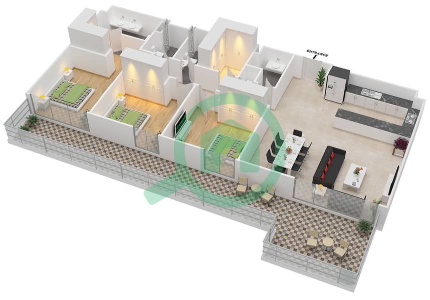 المخططات الطابقية لتصميم الوحدة 3.2.A BLOCK-B شقة 3 غرف نوم - بارك بوينت Floor 1
Units-112 interactive3D