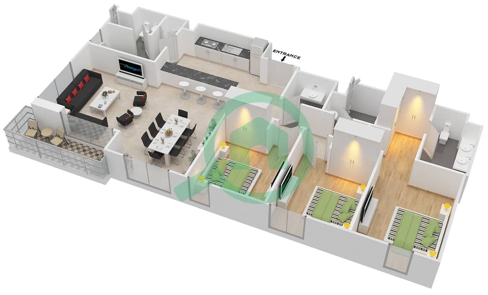 المخططات الطابقية لتصميم الوحدة 3.2.B BLOCK-B شقة 3 غرف نوم - بارك بوينت Floor 1-6
Units-108,208,308,408,508,608 interactive3D