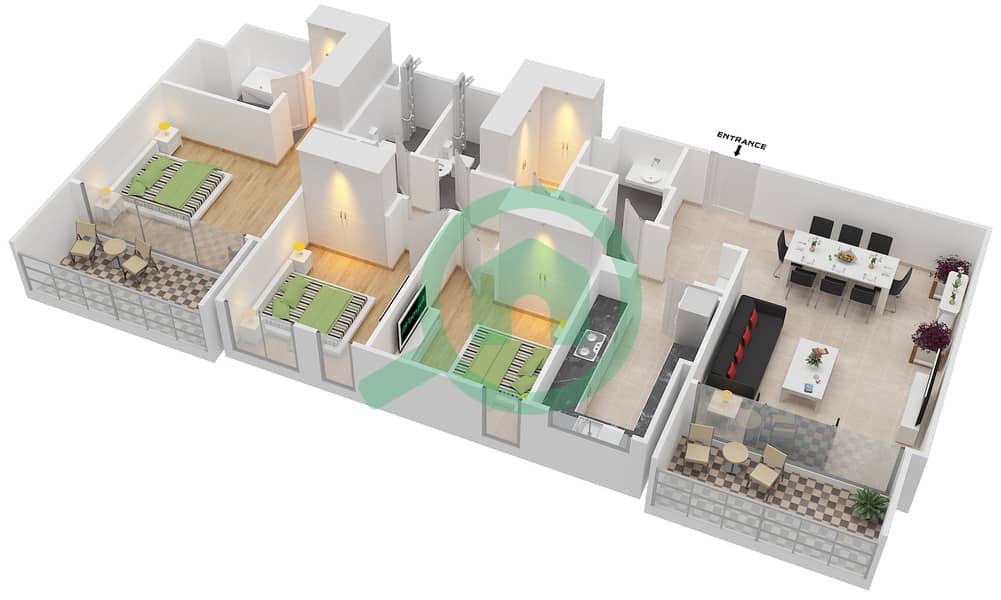 المخططات الطابقية لتصميم الوحدة 3.3 BLOCK-A شقة 3 غرف نوم - بارك بوينت Floor 1
Units-101 interactive3D