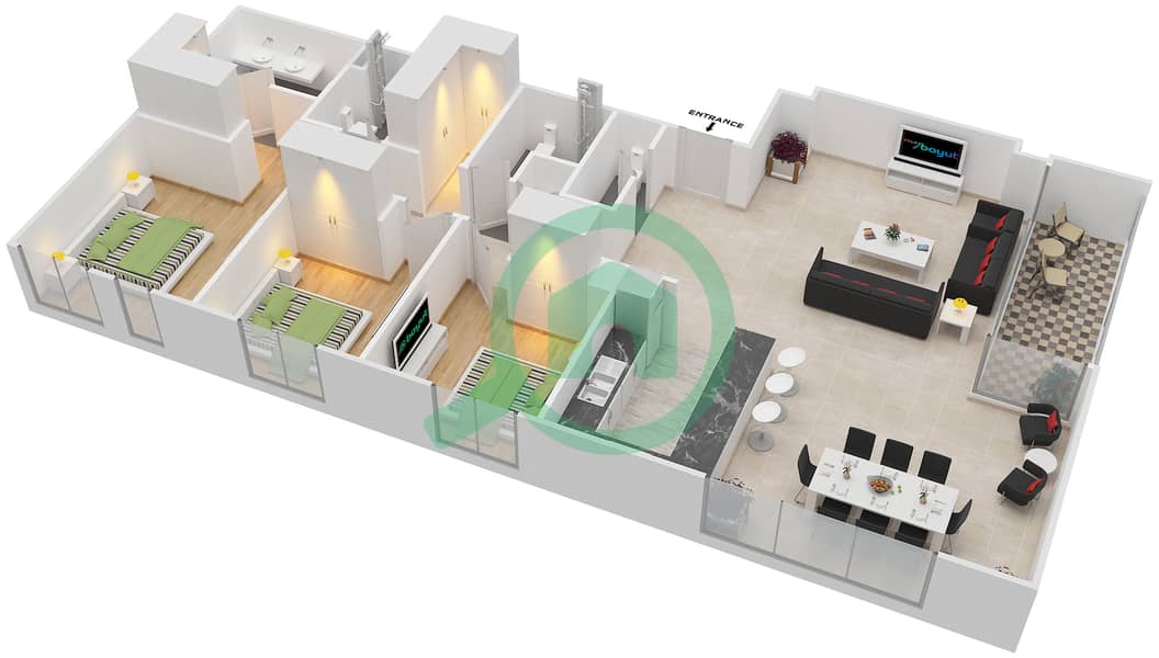 园博园 - 3 卧室公寓单位3.4 BLOCK-A戶型图 Floor 3,5,7
Units-303,503,703 interactive3D