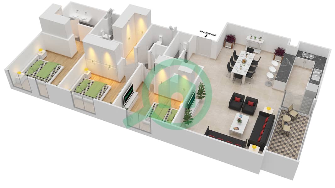 المخططات الطابقية لتصميم الوحدة 3.4.A BLOCK-A شقة 3 غرف نوم - بارك بوينت Floor 2,4,6
Units-203,403,603 interactive3D