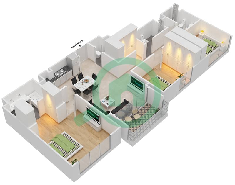 园博园 - 3 卧室公寓单位3.6 BLOCK-B戶型图 Floor 7-8
Units-701,801 interactive3D