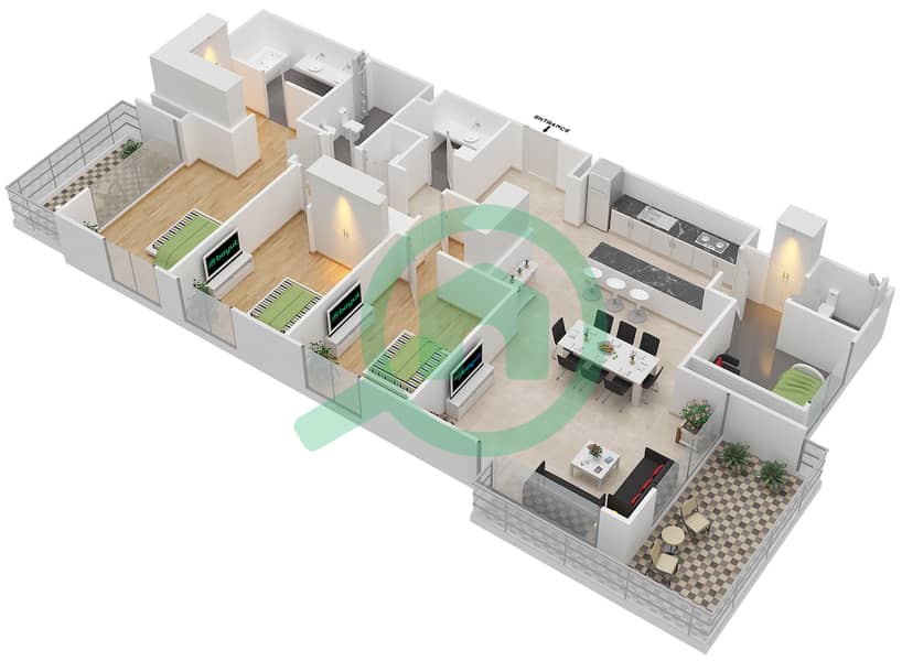 Парк Пойнт - Апартамент 3 Cпальни планировка Единица измерения 3.8.A BLOCK-B Floor 8
Units-802 interactive3D