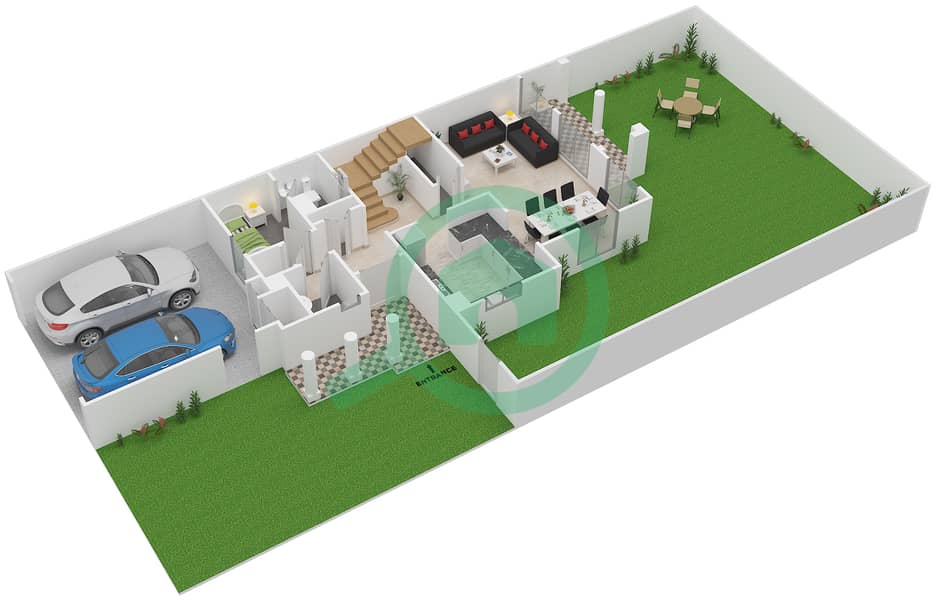 المخططات الطابقية لتصميم النموذج A (SEMI DETACHED) تاون هاوس 3 غرف نوم - كاسا فيفا Ground Floor interactive3D