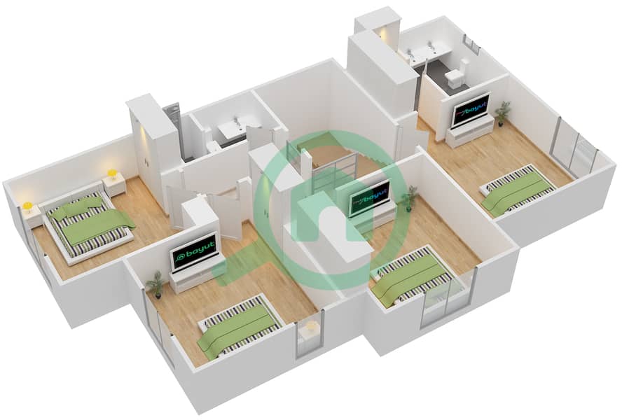 المخططات الطابقية لتصميم النموذج A+ (SEMI DETACHED) تاون هاوس 4 غرف نوم - كاسا فيفا First Floor interactive3D