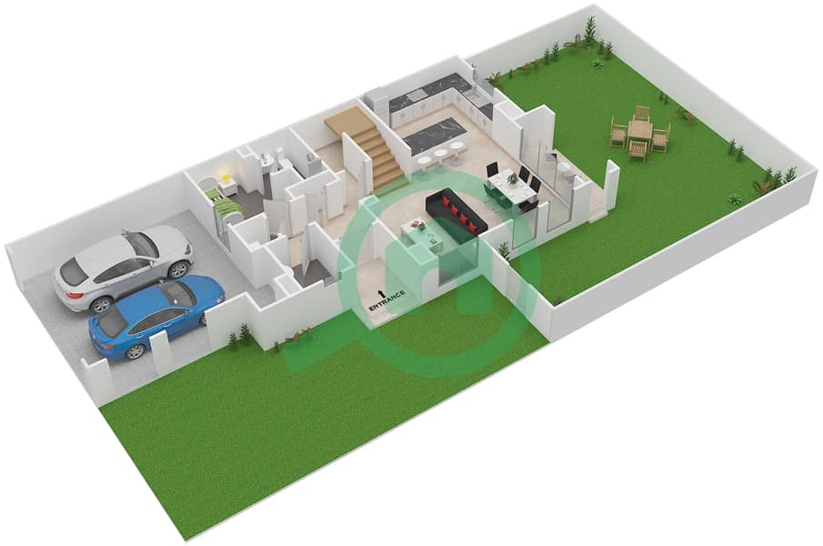 المخططات الطابقية لتصميم النموذج B (END) تاون هاوس 3 غرف نوم - كاسا فيفا Ground Floor interactive3D