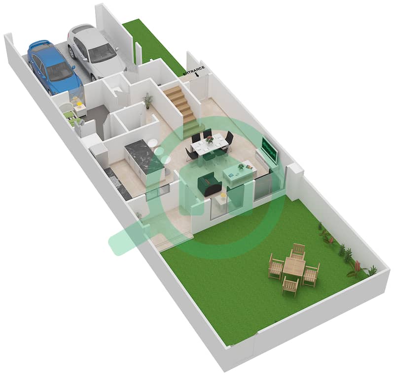 المخططات الطابقية لتصميم النموذج C (MID) تاون هاوس 3 غرف نوم - كاسا فيفا Ground Floor interactive3D