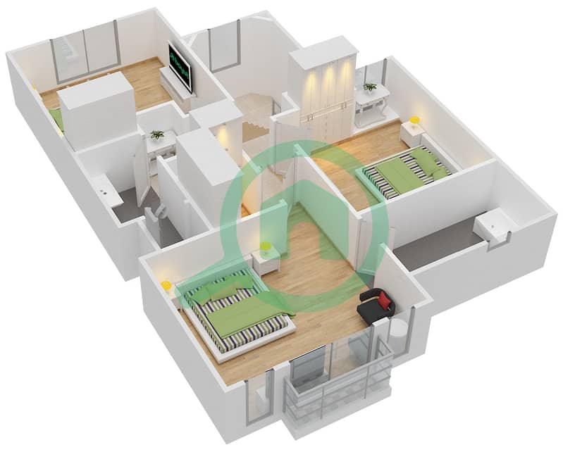 المخططات الطابقية لتصميم النموذج C (MID) تاون هاوس 3 غرف نوم - كاسا فيفا First Floor interactive3D