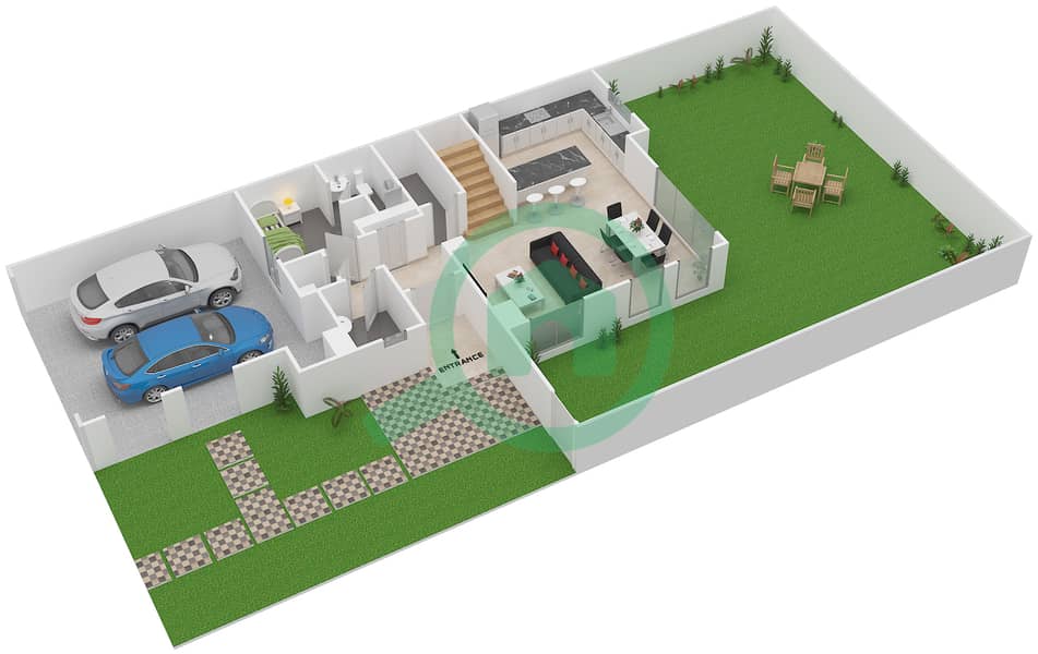 المخططات الطابقية لتصميم النموذج B+ (END) تاون هاوس 4 غرف نوم - كاسا فيفا Ground Floor interactive3D