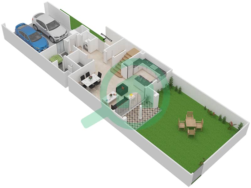 المخططات الطابقية لتصميم النموذج D+ (MID) تاون هاوس 2 غرفة نوم - كاسا فيفا Ground Floor interactive3D