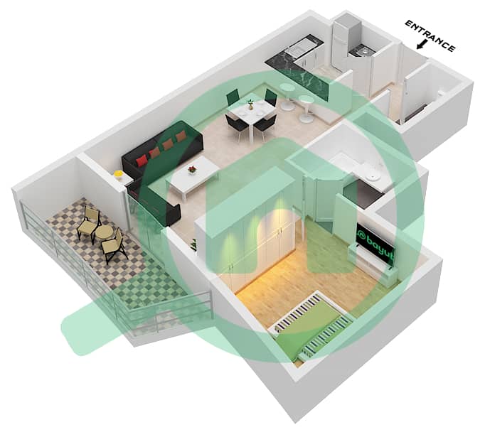 المخططات الطابقية لتصميم النموذج A شقة 1 غرفة نوم - باي سنترال غرب interactive3D