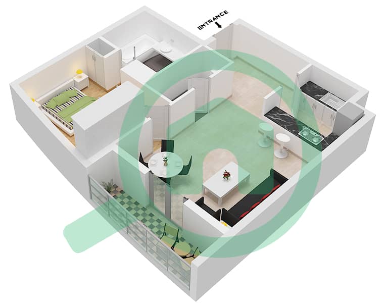 المخططات الطابقية لتصميم النموذج B شقة 1 غرفة نوم - باي سنترال غرب interactive3D