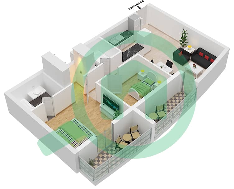 المخططات الطابقية لتصميم النموذج A شقة 2 غرفة نوم - باي سنترال غرب interactive3D