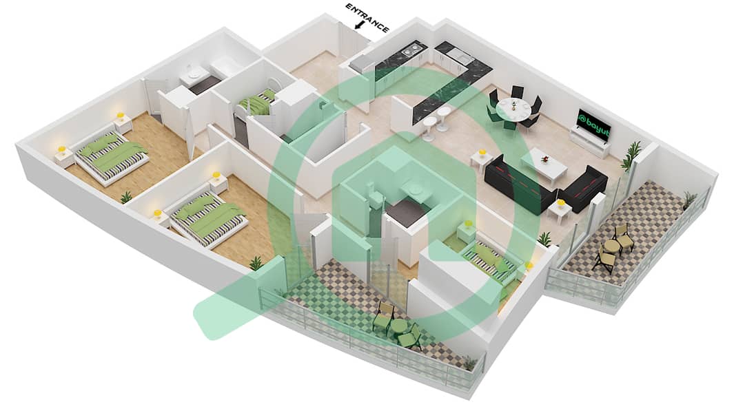 المخططات الطابقية لتصميم النموذج A شقة 3 غرف نوم - باي سنترال غرب interactive3D