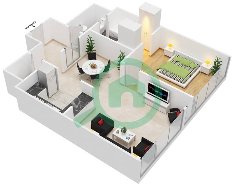 滨海湾大厦1号 - 1 卧室公寓单位1戶型图 interactive3D