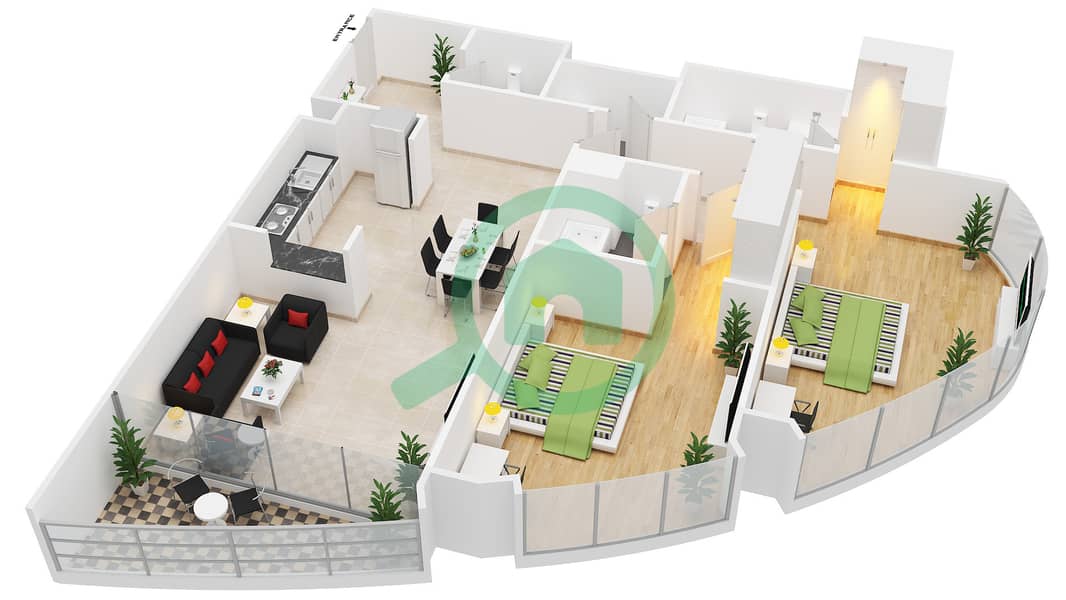 المخططات الطابقية لتصميم الوحدة 5 شقة 2 غرفة نوم - برج مارينا باي 1 interactive3D