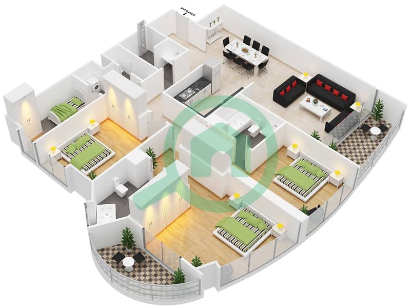 滨海湾大厦1号 - 3 卧室公寓单位6戶型图 interactive3D