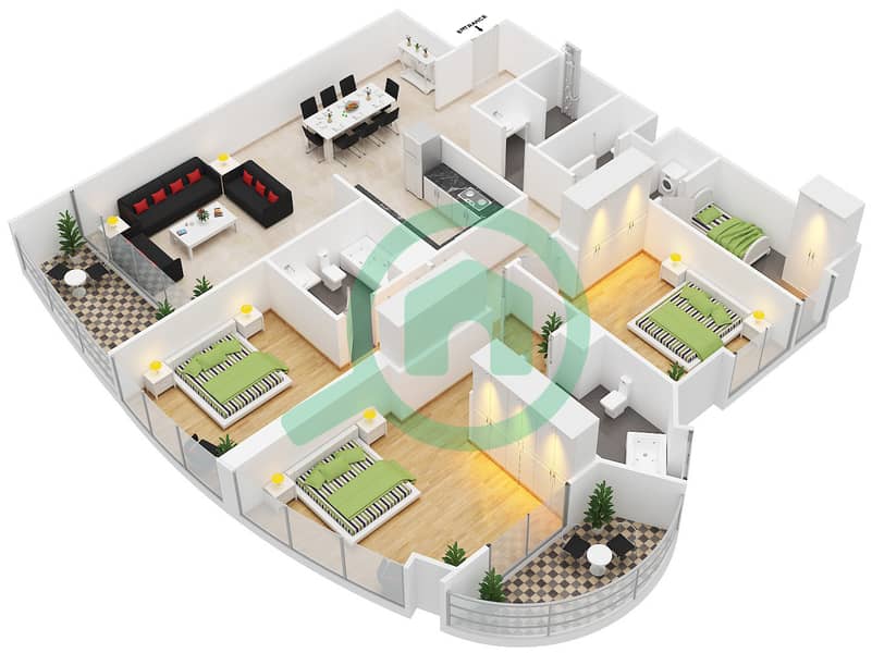 滨海湾大厦1号 - 3 卧室公寓单位12戶型图 interactive3D