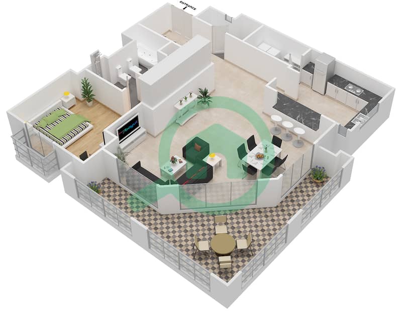 东方红树林滨江大道2号 - 1 卧室公寓类型4B戶型图 interactive3D