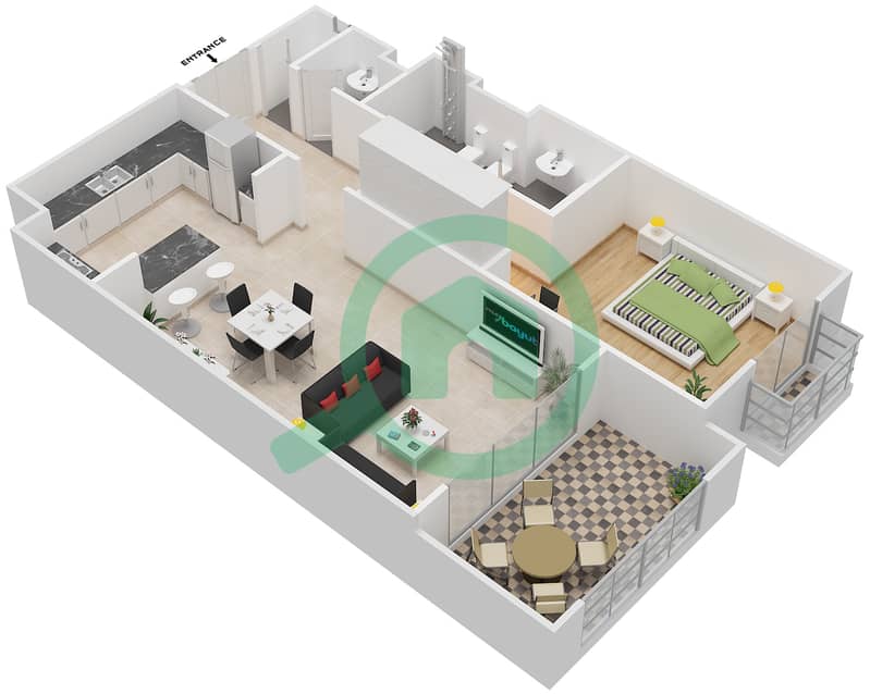 المخططات الطابقية لتصميم النموذج 2 شقة 1 غرفة نوم - بروميناد القرم الشرقي 1 interactive3D