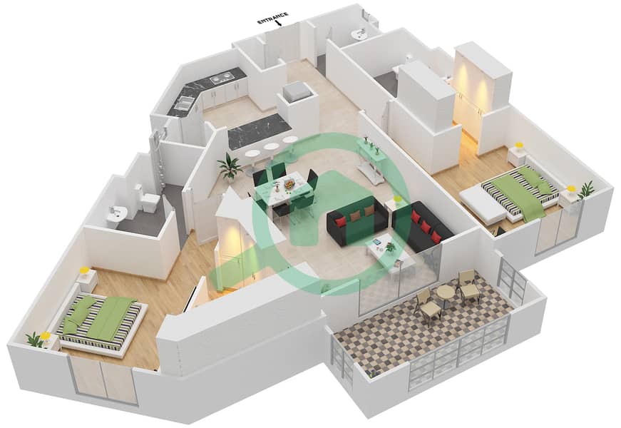 东方红树林滨江大道2号 - 2 卧室公寓类型4戶型图 interactive3D