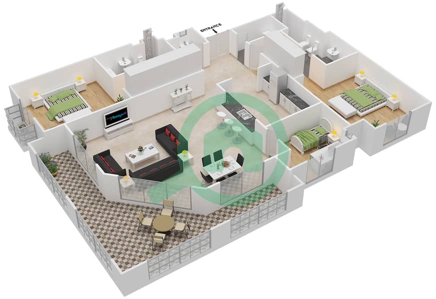 المخططات الطابقية لتصميم النموذج 2 شقة 2 غرفة نوم - بروميناد القرم الشرقي 1 interactive3D