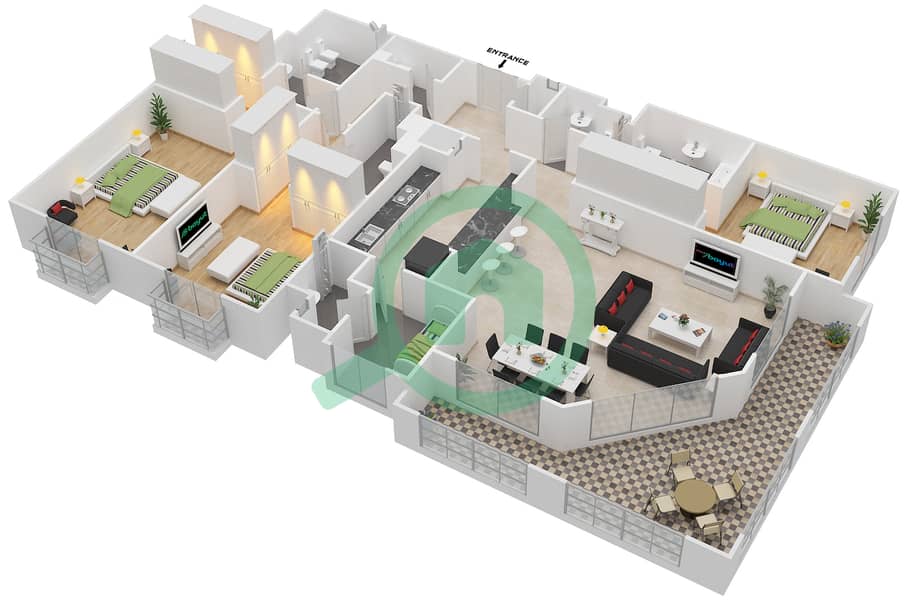 东方红树林滨江大道2号 - 3 卧室公寓类型1戶型图 interactive3D