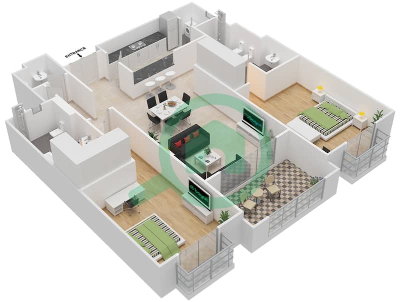 المخططات الطابقية لتصميم النموذج 1 شقة 2 غرفة نوم - بروميناد القرم الشرقي 1 interactive3D