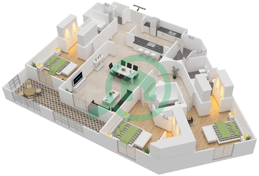 东方红树林滨江大道2号 - 3 卧室公寓类型2戶型图 interactive3D